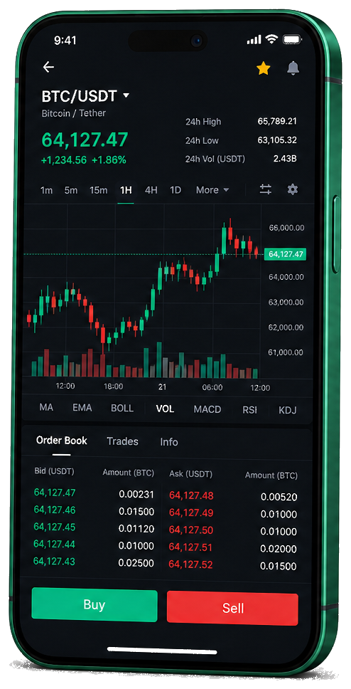 Yüksel Axivon mobil ticaret platformu — canlı BTC/USDT grafik, emir defteri ve alım/satım arayüzü